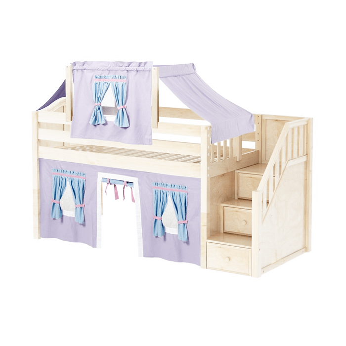 Maxtrix Twin Low Loft Bed with Stairs, Curtain + Top Tent