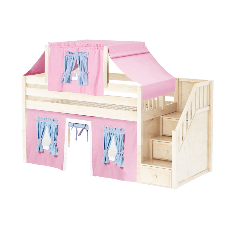 Maxtrix Twin Low Loft Bed with Stairs, Curtain + Top Tent