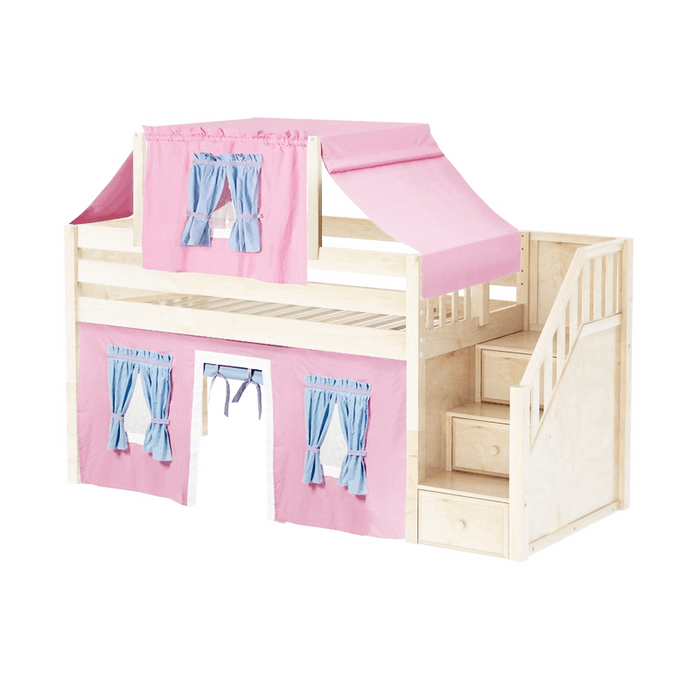 Maxtrix Twin Low Loft Bed with Stairs, Curtain + Top Tent