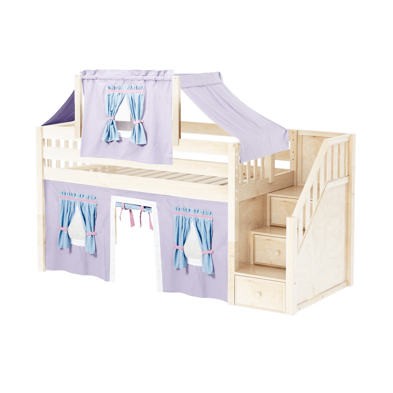 Maxtrix Twin Low Loft Bed with Stairs, Curtain + Top Tent