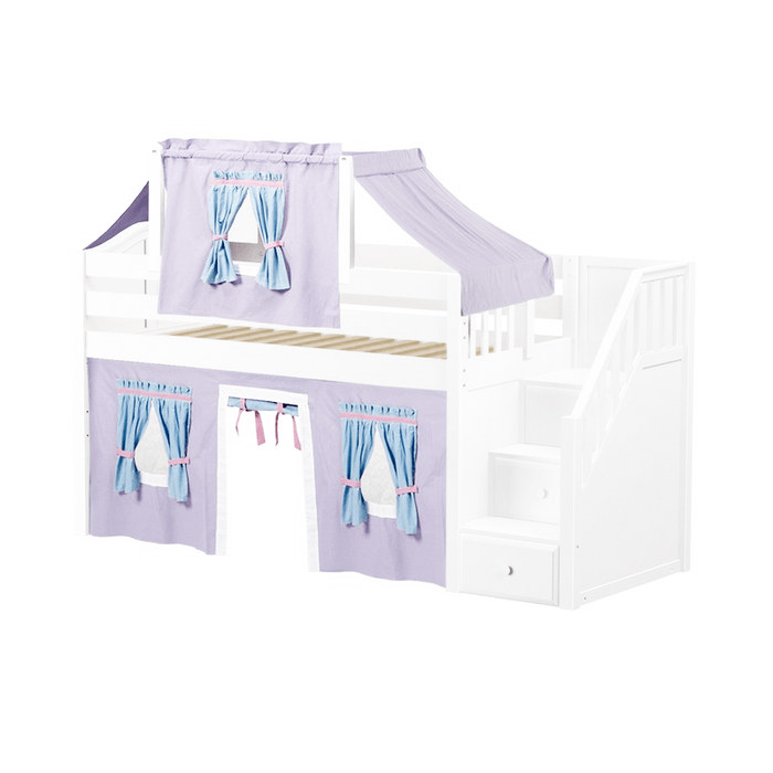 Maxtrix Twin Low Loft Bed with Stairs, Curtain + Top Tent