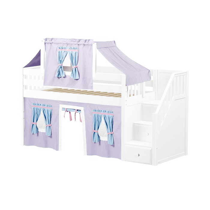 Maxtrix Twin Low Loft Bed with Stairs, Curtain + Top Tent