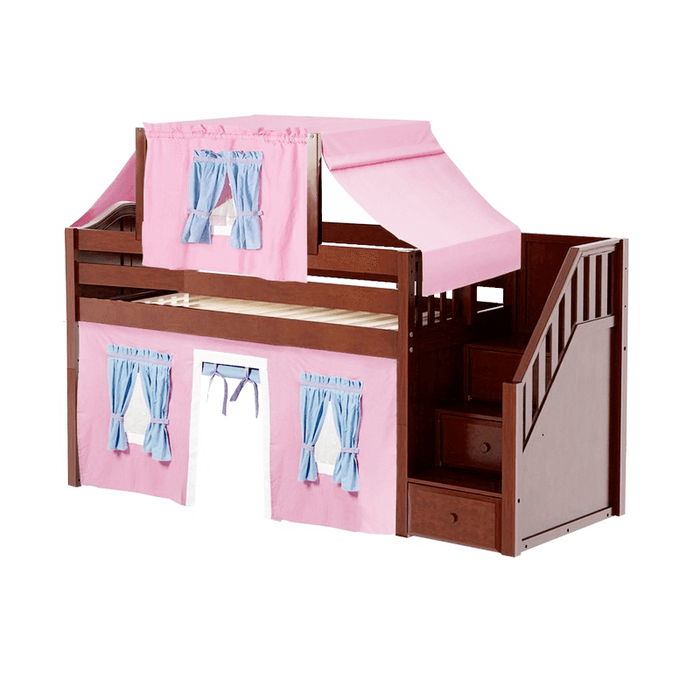 Maxtrix Twin Low Loft Bed with Stairs, Curtain + Top Tent