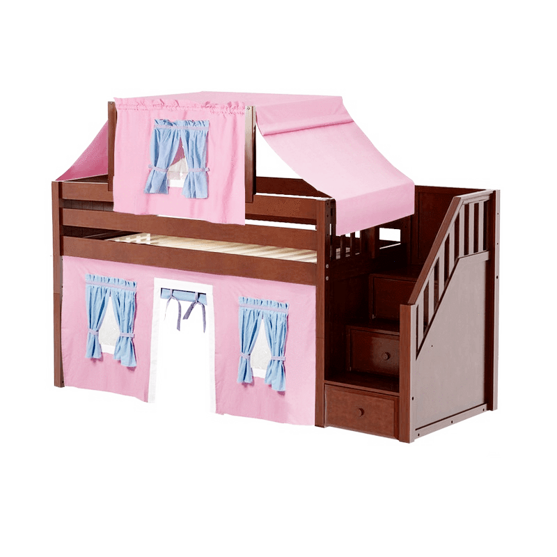 Maxtrix Twin Low Loft Bed with Stairs, Curtain + Top Tent