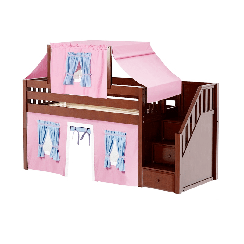 Maxtrix Twin Low Loft Bed with Stairs, Curtain + Top Tent