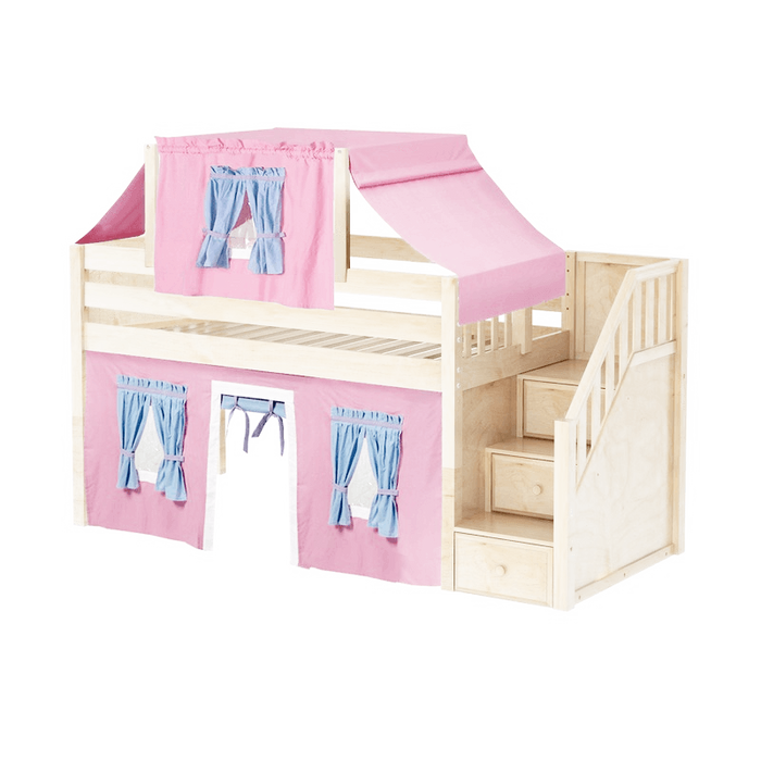 Maxtrix Twin Low Loft Bed with Stairs, Curtain + Top Tent