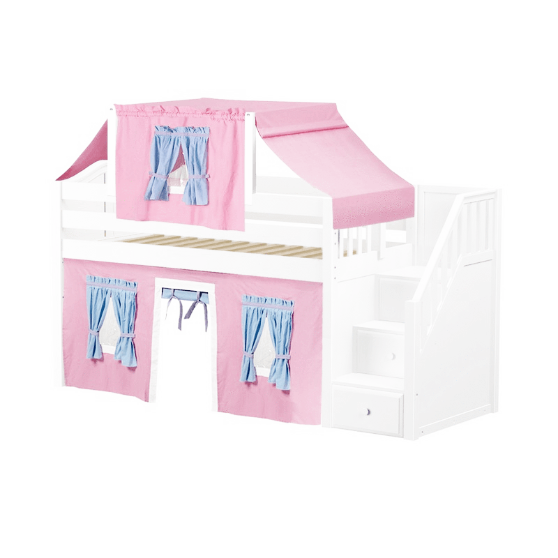 Maxtrix Twin Low Loft Bed with Stairs, Curtain + Top Tent