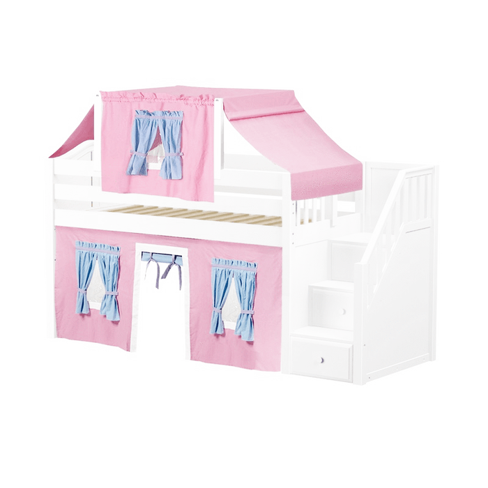 Maxtrix Twin Low Loft Bed with Stairs, Curtain + Top Tent
