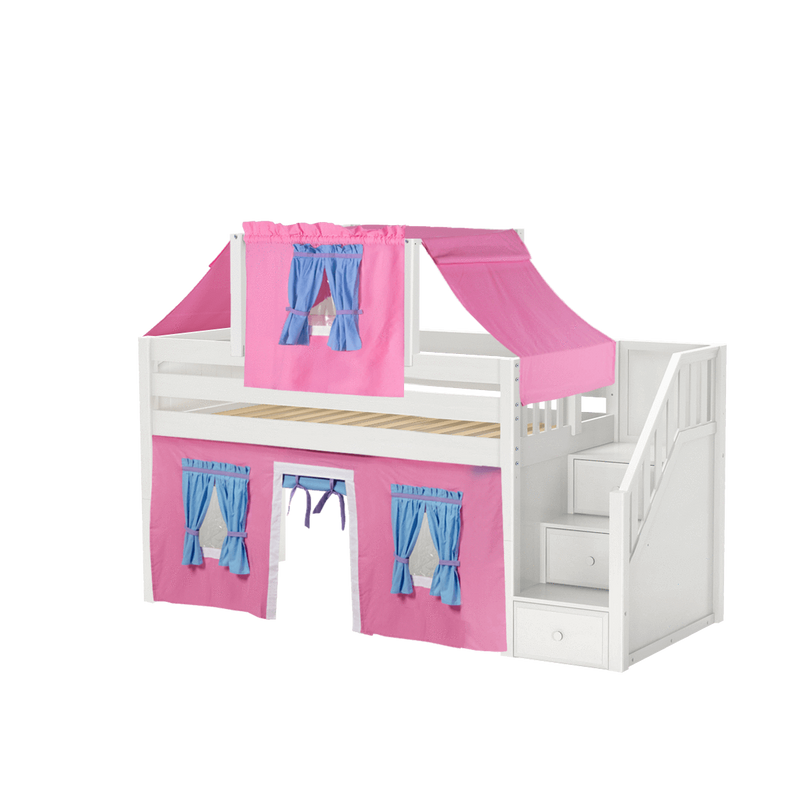 Maxtrix Twin Low Loft Bed with Stairs, Curtain + Top Tent