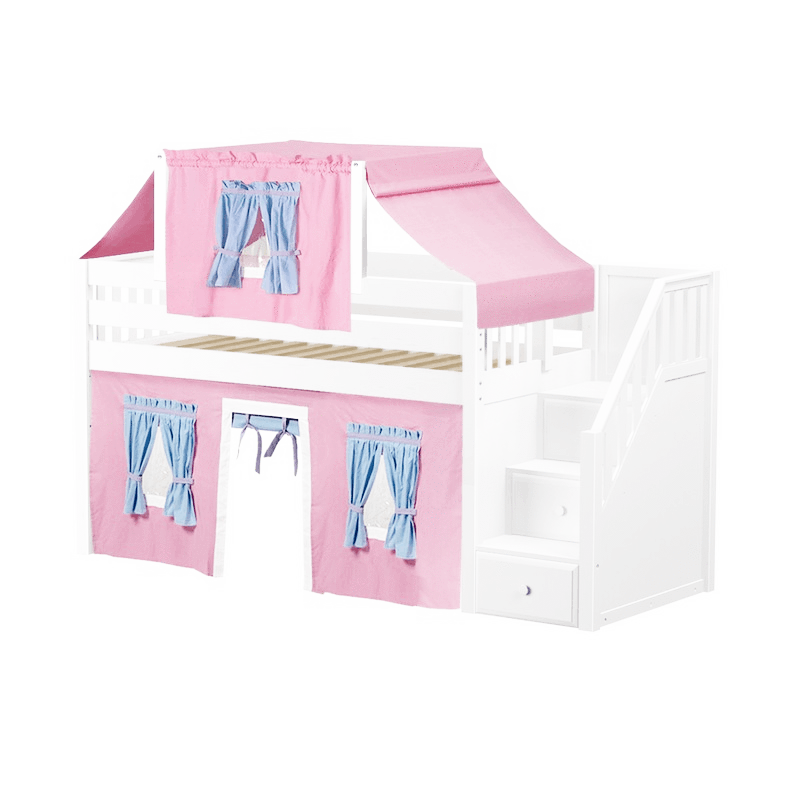 Maxtrix Twin Low Loft Bed with Stairs, Curtain + Top Tent