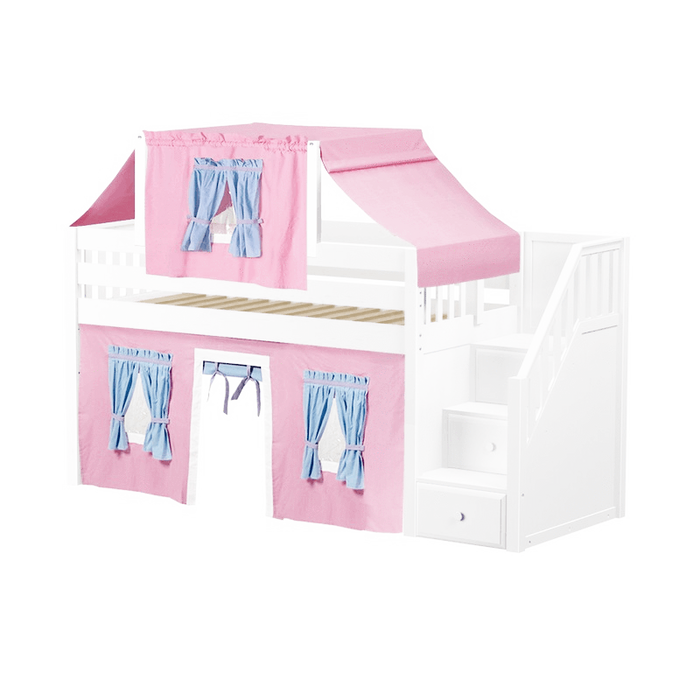 Maxtrix Twin Low Loft Bed with Stairs, Curtain + Top Tent