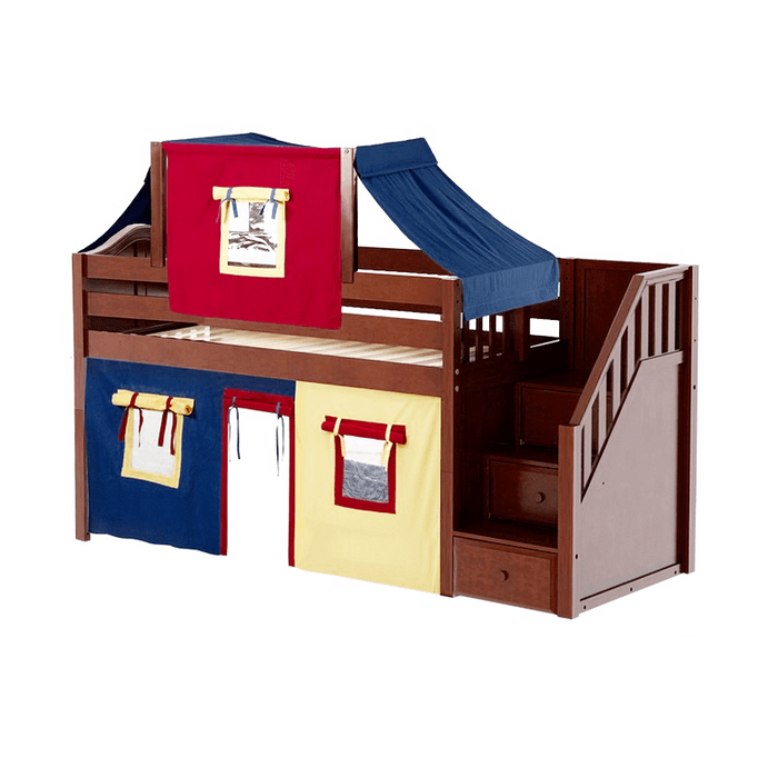 Maxtrix Twin Low Loft Bed with Stairs, Curtain + Top Tent