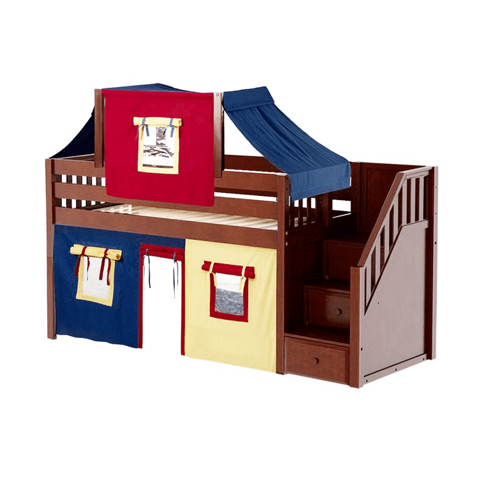 Maxtrix Twin Low Loft Bed with Stairs, Curtain + Top Tent