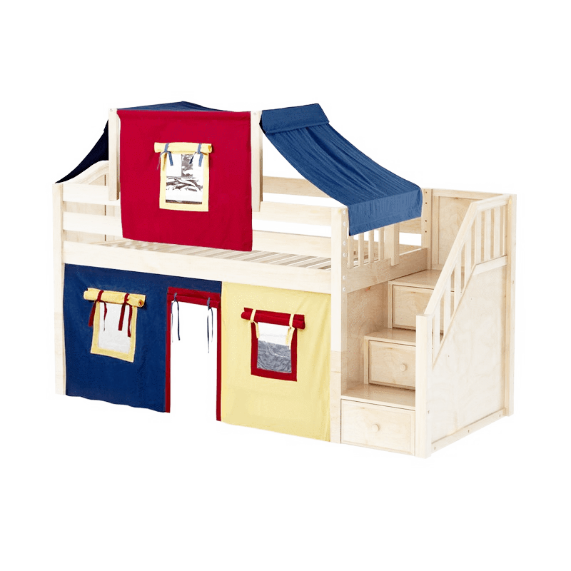 Maxtrix Twin Low Loft Bed with Stairs, Curtain + Top Tent