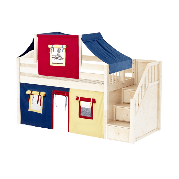Maxtrix Twin Low Loft Bed with Stairs, Curtain + Top Tent