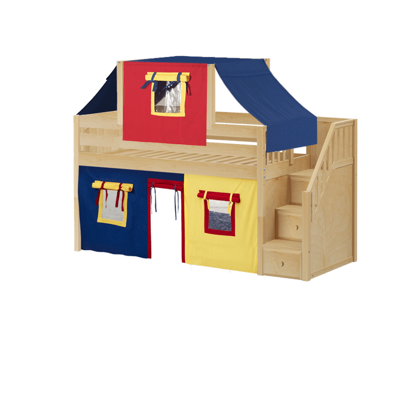 Maxtrix Twin Low Loft Bed with Stairs, Curtain + Top Tent