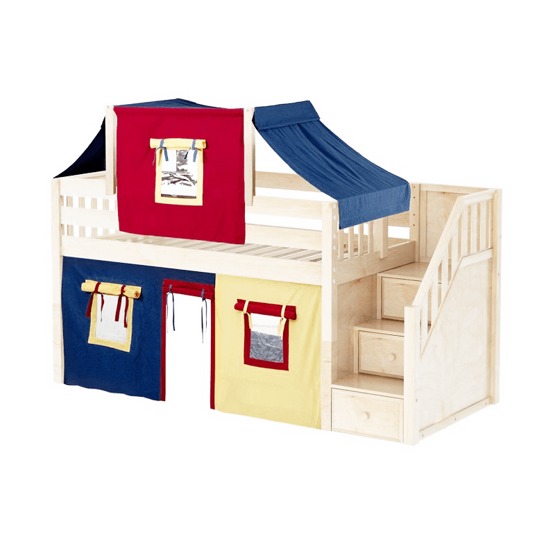 Maxtrix Twin Low Loft Bed with Stairs, Curtain + Top Tent