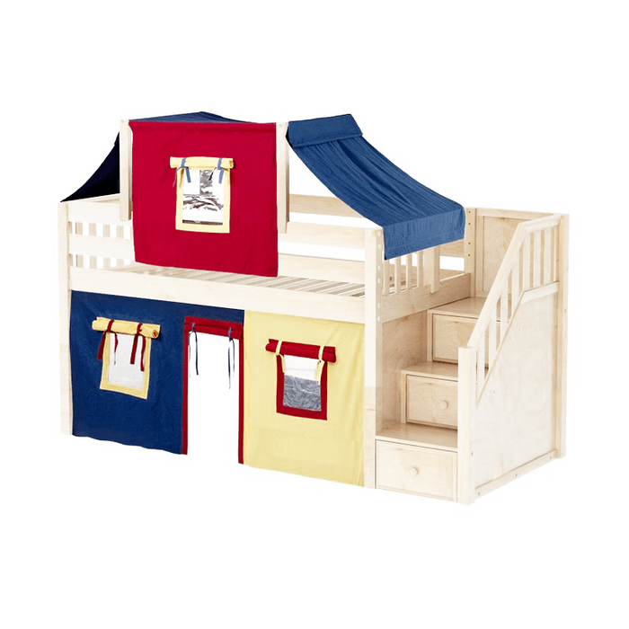 Maxtrix Twin Low Loft Bed with Stairs, Curtain + Top Tent