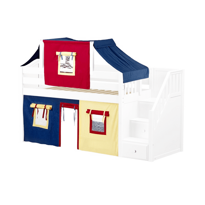 Maxtrix Twin Low Loft Bed with Stairs, Curtain + Top Tent