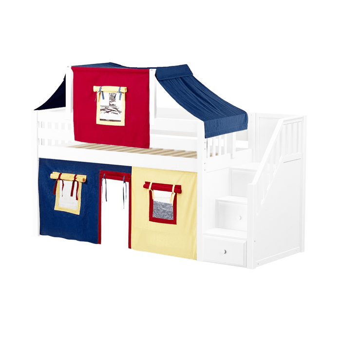 Maxtrix Twin Low Loft Bed with Stairs, Curtain + Top Tent