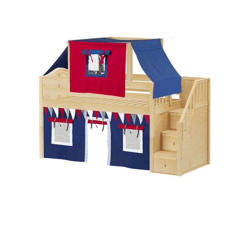 Maxtrix Twin Low Loft Bed with Stairs, Curtain + Top Tent