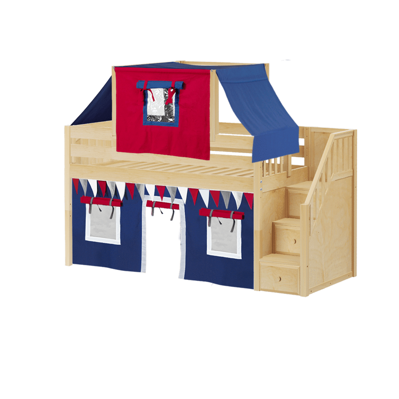 Maxtrix Twin Low Loft Bed with Stairs, Curtain + Top Tent