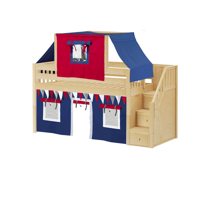 Maxtrix Twin Low Loft Bed with Stairs, Curtain + Top Tent