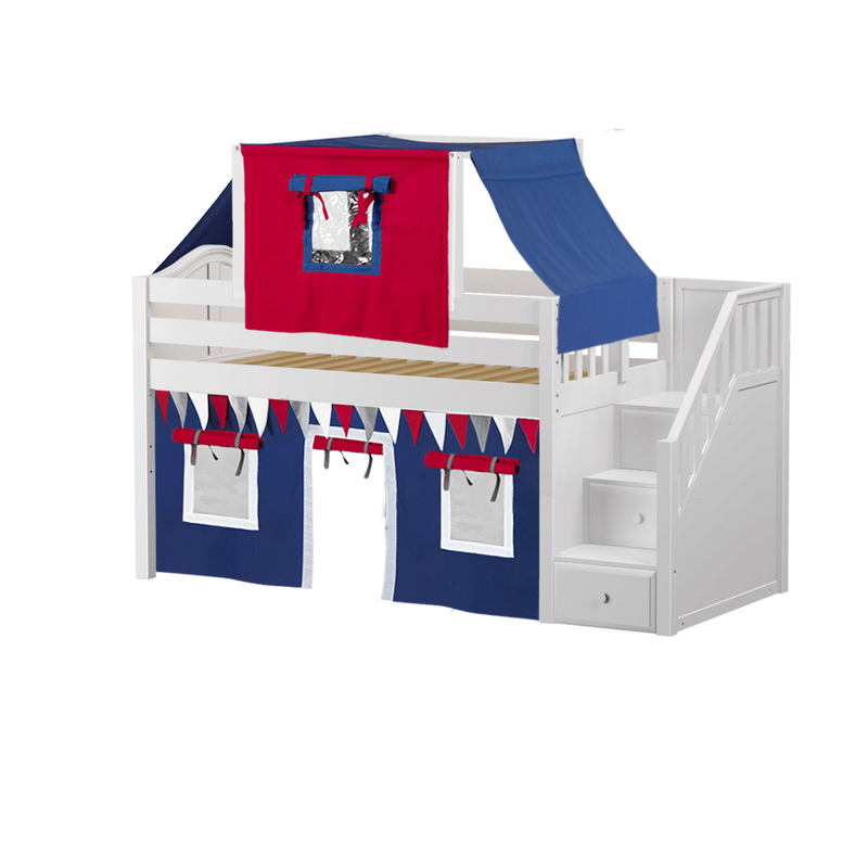 Maxtrix Twin Low Loft Bed with Stairs, Curtain + Top Tent