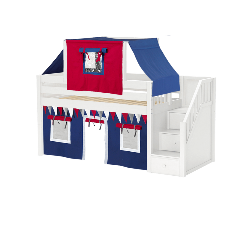Maxtrix Twin Low Loft Bed with Stairs, Curtain + Top Tent