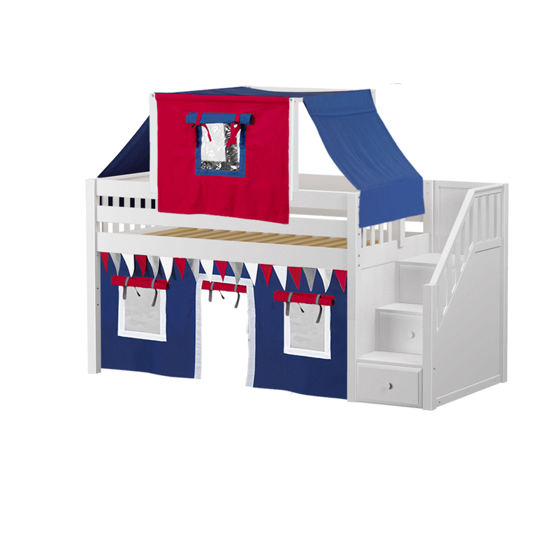 Maxtrix Twin Low Loft Bed with Stairs, Curtain + Top Tent