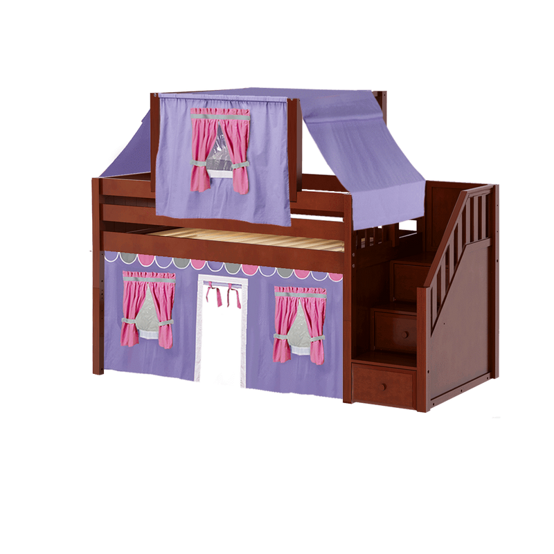 Maxtrix Twin Low Loft Bed with Stairs, Curtain + Top Tent