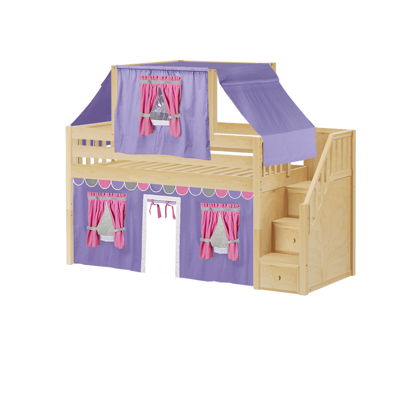 Maxtrix Twin Low Loft Bed with Stairs, Curtain + Top Tent