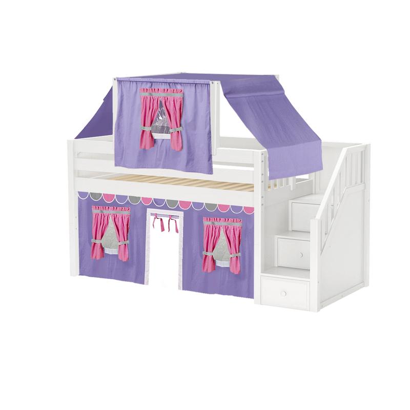 Maxtrix Twin Low Loft Bed with Stairs, Curtain + Top Tent