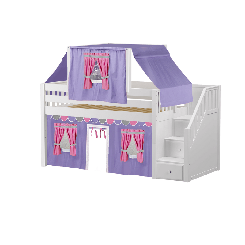 Maxtrix Twin Low Loft Bed with Stairs, Curtain + Top Tent