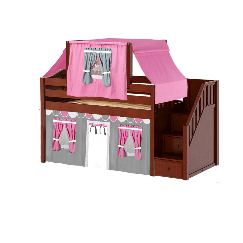 Maxtrix Twin Low Loft Bed with Stairs, Curtain + Top Tent