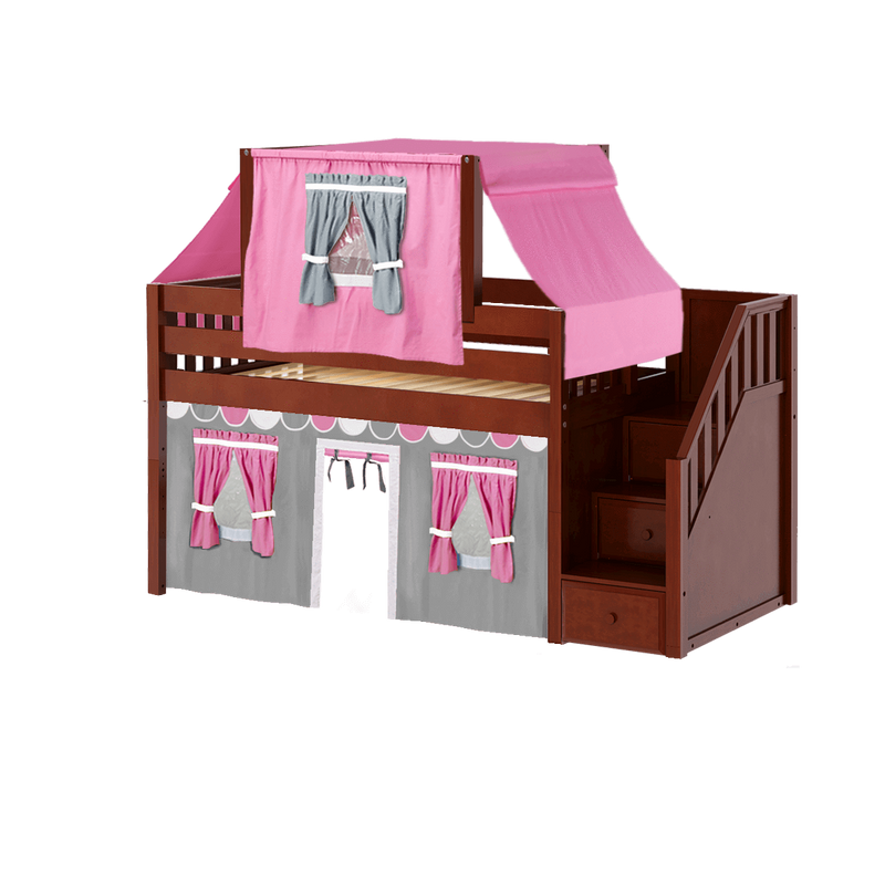 Maxtrix Twin Low Loft Bed with Stairs, Curtain + Top Tent