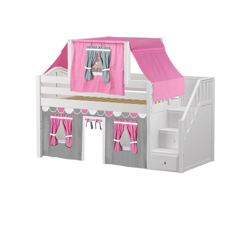 Maxtrix Twin Low Loft Bed with Stairs, Curtain + Top Tent