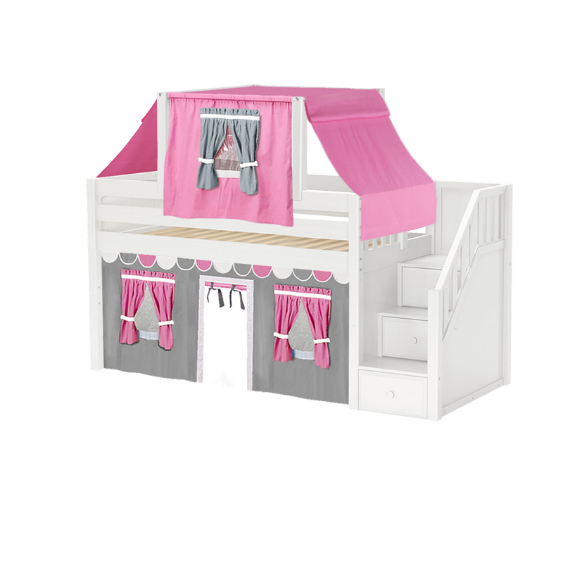 Maxtrix Twin Low Loft Bed with Stairs, Curtain + Top Tent