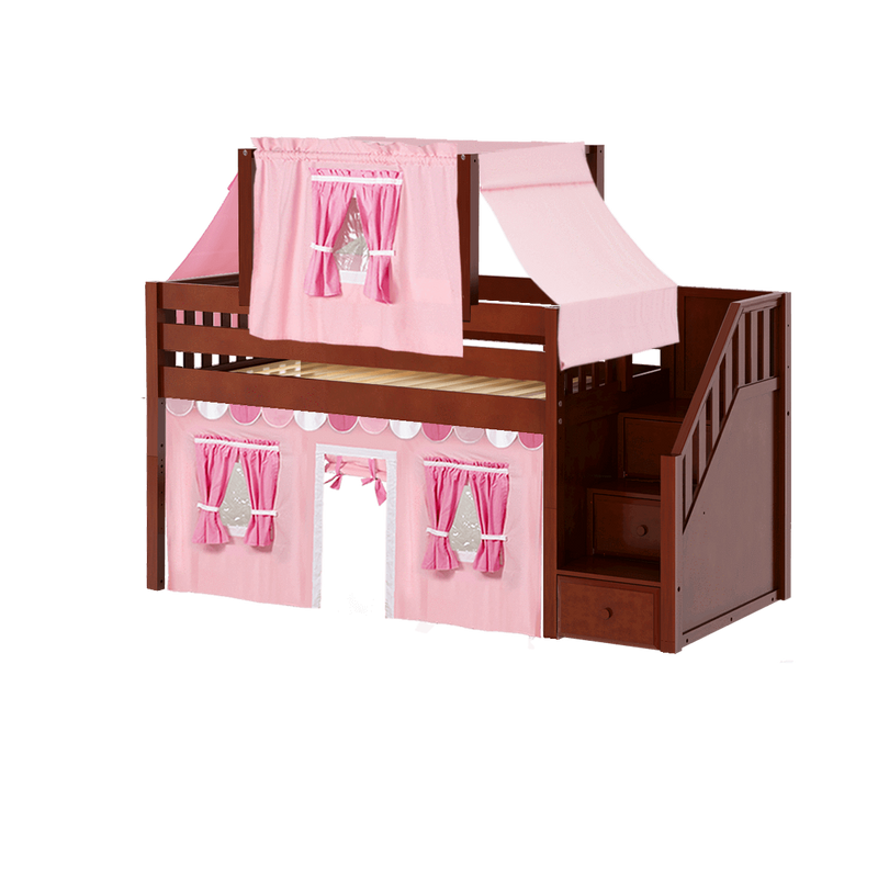 Maxtrix Twin Low Loft Bed with Stairs, Curtain + Top Tent