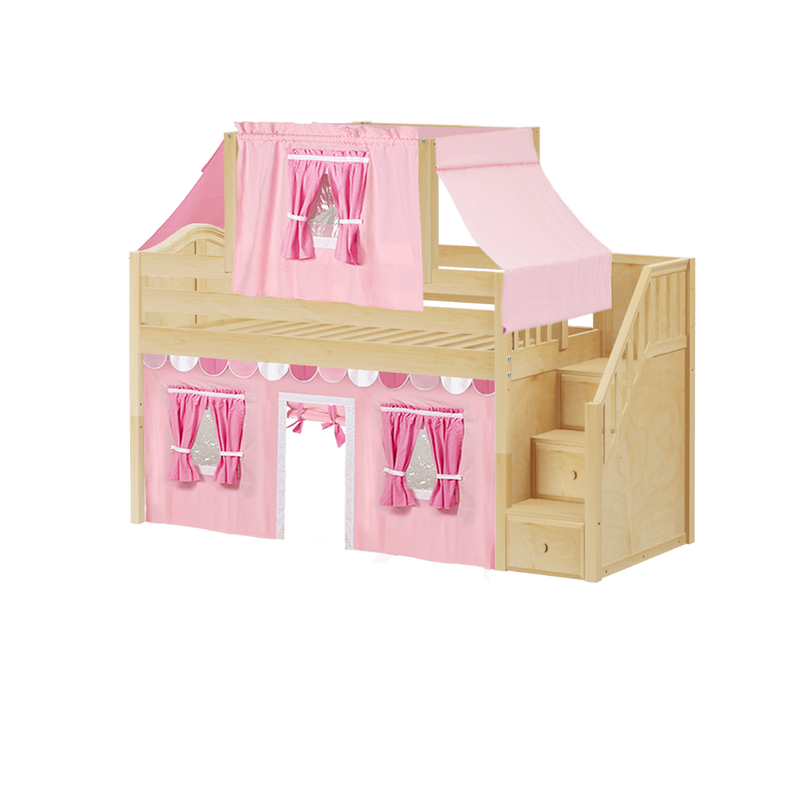 Maxtrix Twin Low Loft Bed with Stairs, Curtain + Top Tent