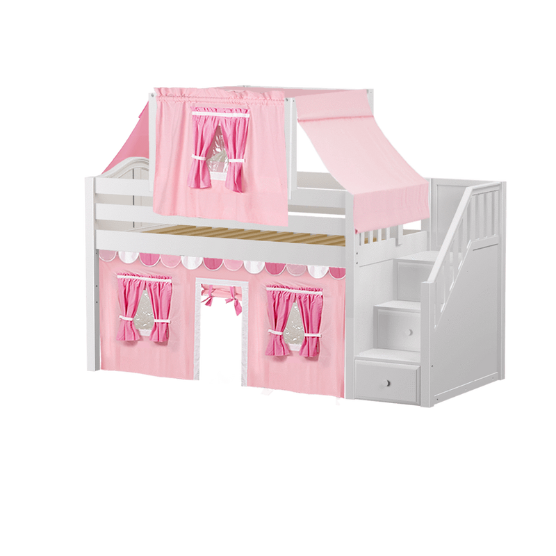 Maxtrix Twin Low Loft Bed with Stairs, Curtain + Top Tent