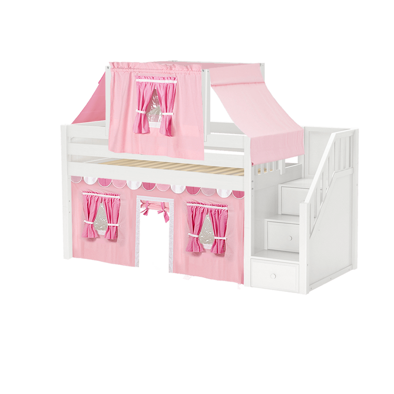 Maxtrix Twin Low Loft Bed with Stairs, Curtain + Top Tent