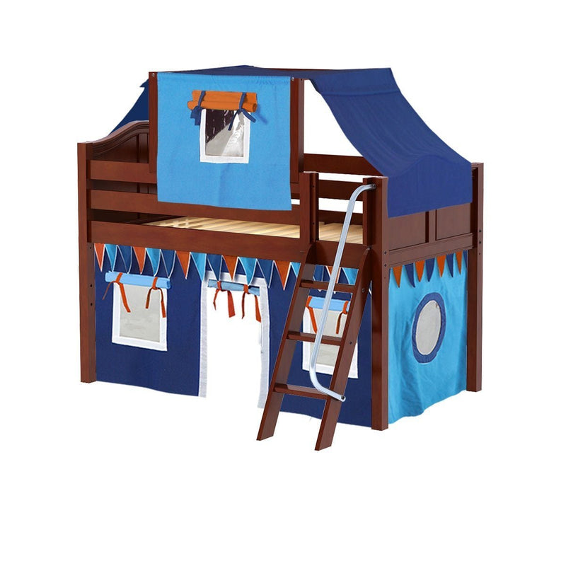 Maxtrix Twin Low Loft Bed with Angled Ladder, Curtain + Top Tent