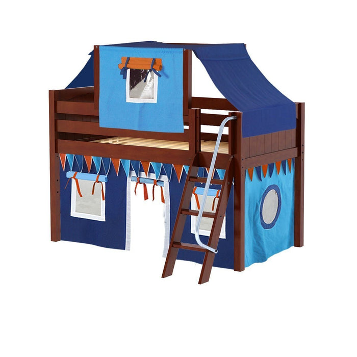 Maxtrix Twin Low Loft Bed with Angled Ladder, Curtain + Top Tent