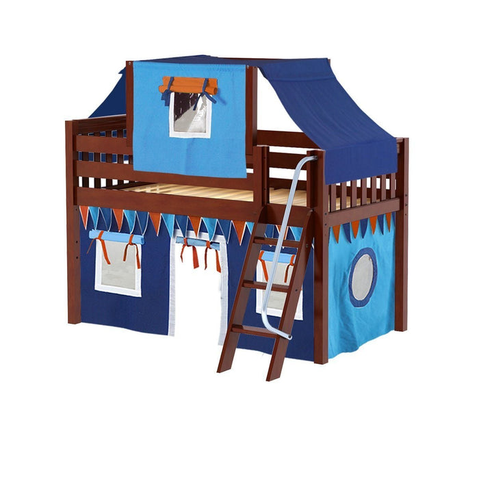 Maxtrix Twin Low Loft Bed with Angled Ladder, Curtain + Top Tent