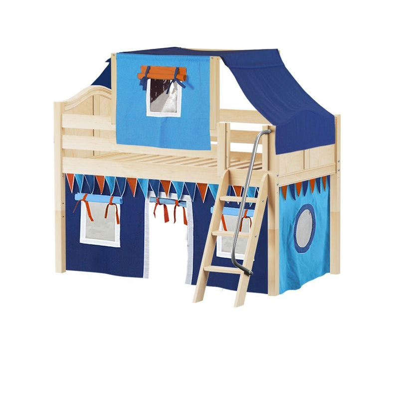 Maxtrix Twin Low Loft Bed with Angled Ladder, Curtain + Top Tent