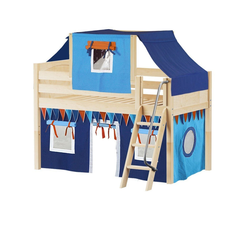 Maxtrix Twin Low Loft Bed with Angled Ladder, Curtain + Top Tent