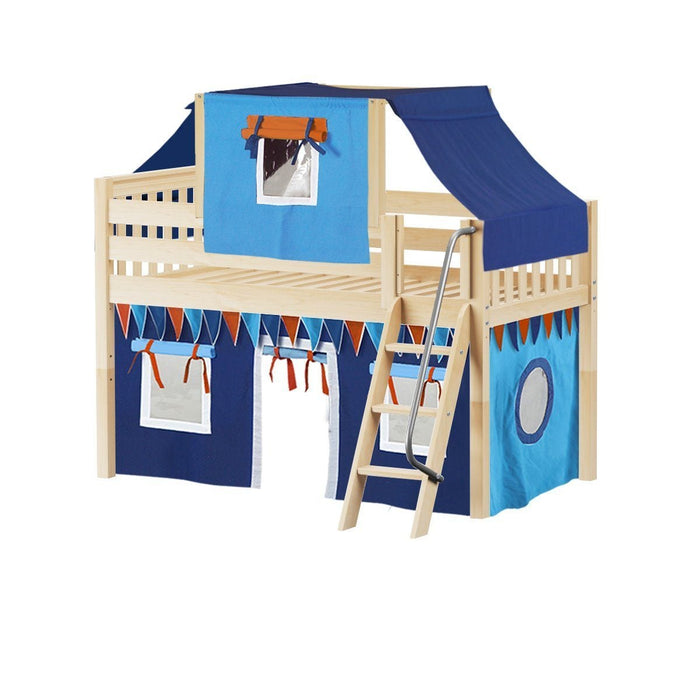 Maxtrix Twin Low Loft Bed with Angled Ladder, Curtain + Top Tent