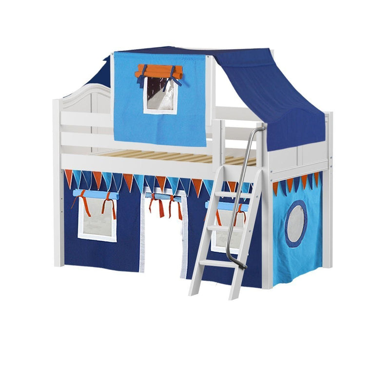 Maxtrix Twin Low Loft Bed with Angled Ladder, Curtain + Top Tent