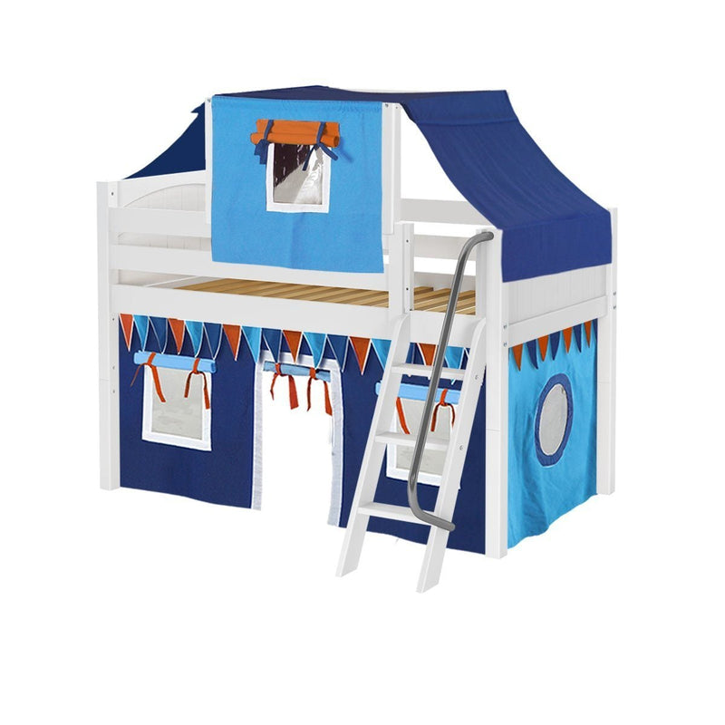 Maxtrix Twin Low Loft Bed with Angled Ladder, Curtain + Top Tent